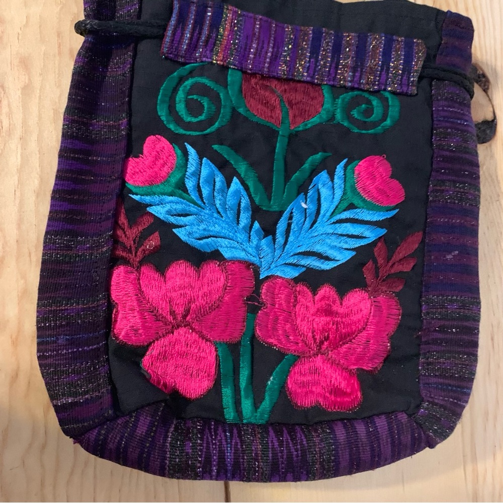 Embroidered Floral Boho Bag in Black and Purple